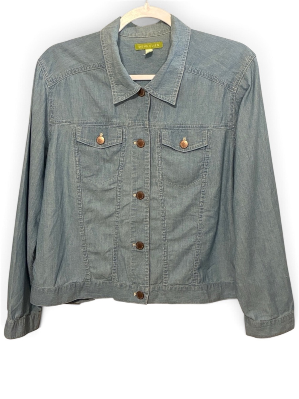 Sigrid Olsen Light Blue Denim Jacket Lightweight Chambray Large Petite
